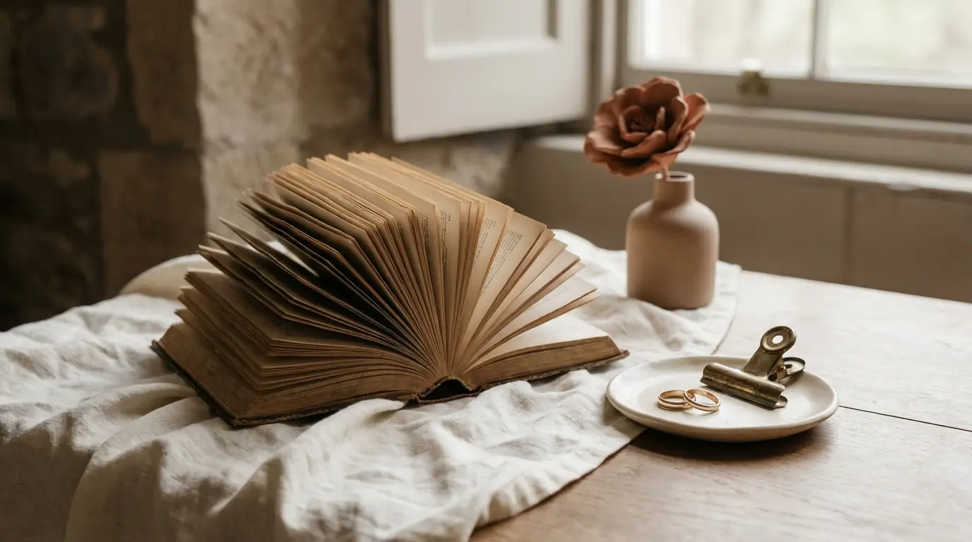 A book laid face-down on linen beside two wedding bands.