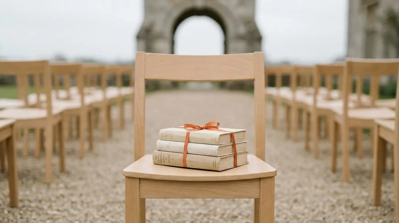 A ribbon-tied stack of vintage books resting on a ceremony chair beside the aisle.