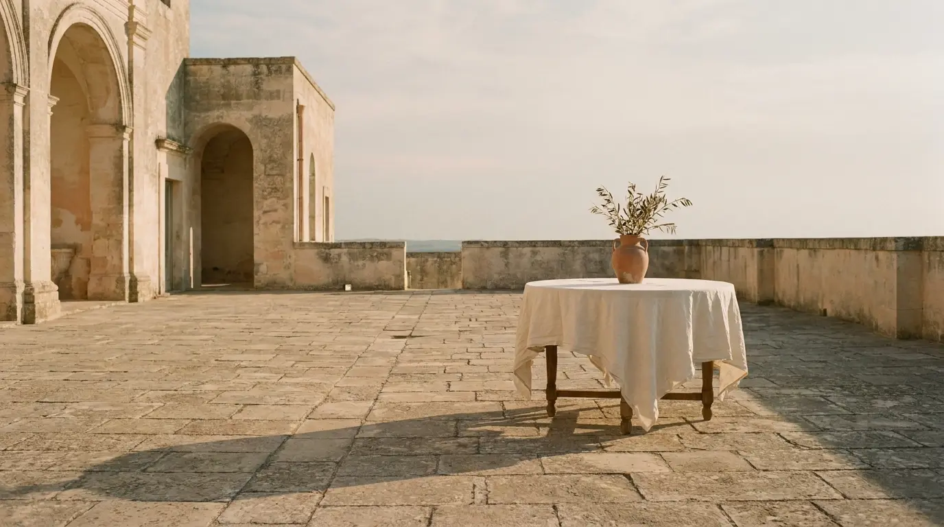 Low evening sun crossing an empty wedding reception terrace.