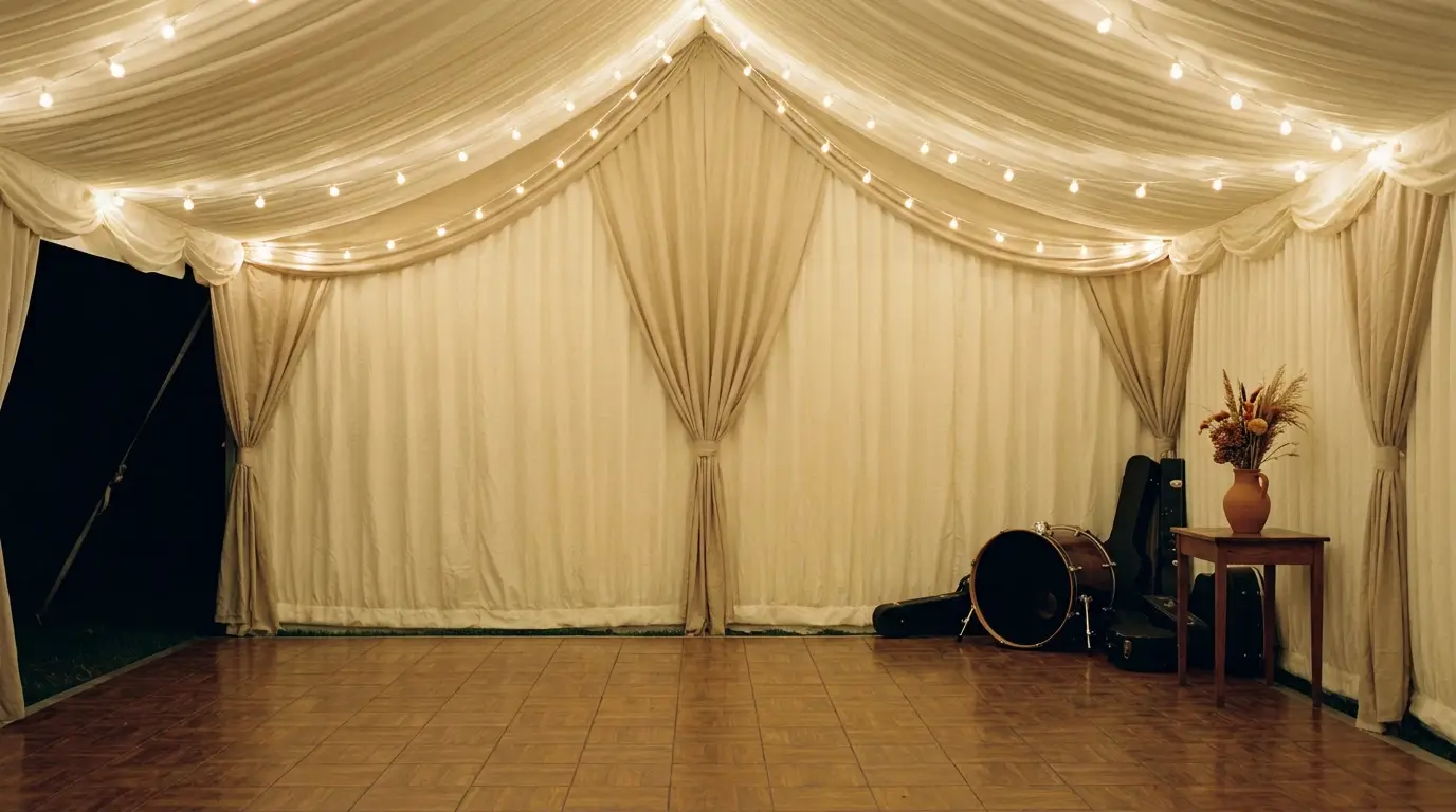 An empty dance floor lit for the final hour of a wedding reception.