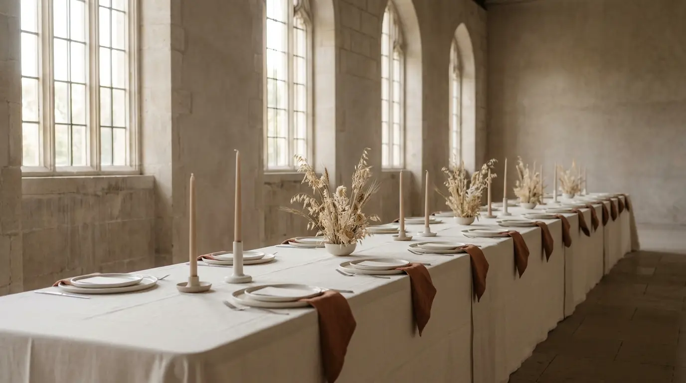 A wedding reception dinner table set and waiting before guests arrive.
