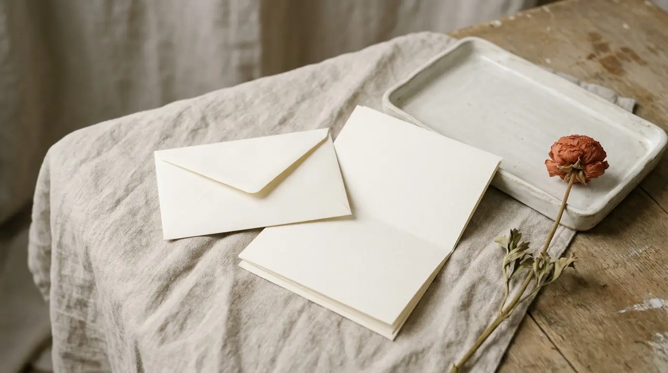 An ivory envelope and blank papers on linen beside an empty ceramic tray and a terracotta flower.