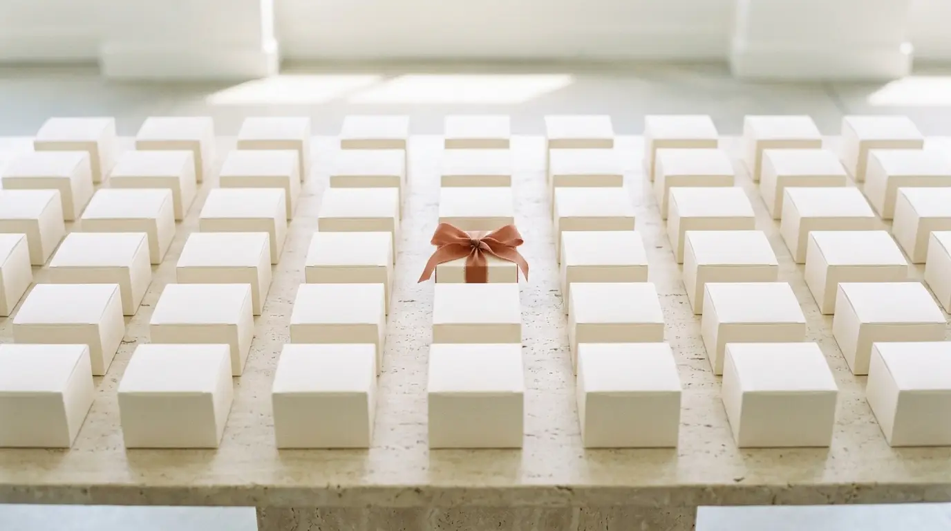 A tight grid of identical ivory favor boxes with a single terracotta-ribboned box among them.
