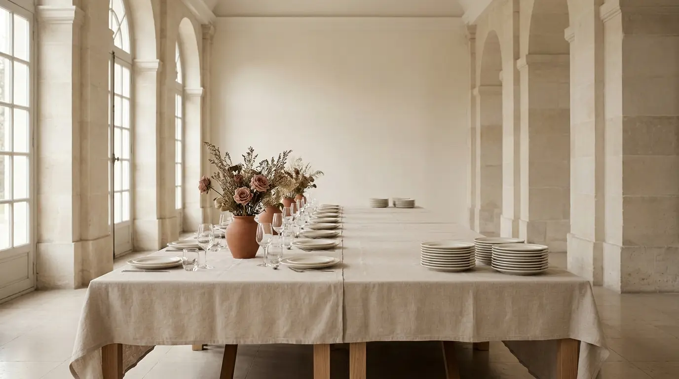 A wedding reception table set only halfway, one end complete and the other end bare linen.
