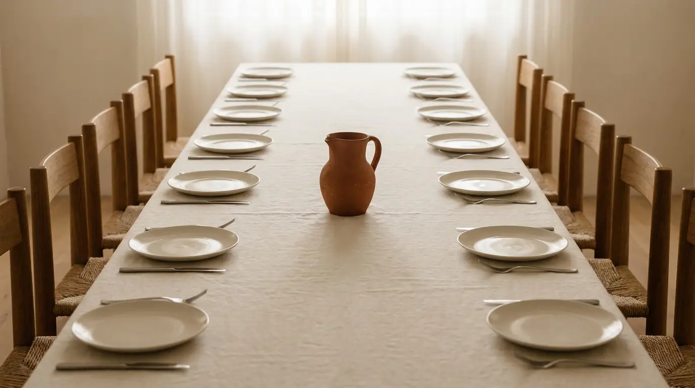 An empty rehearsal dinner table seen down its length with place settings repeating in an even row.