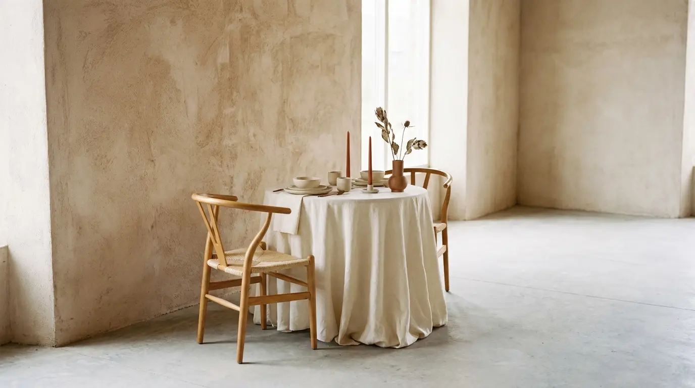 A sweetheart table for two with empty chairs set against a plain plaster wall.