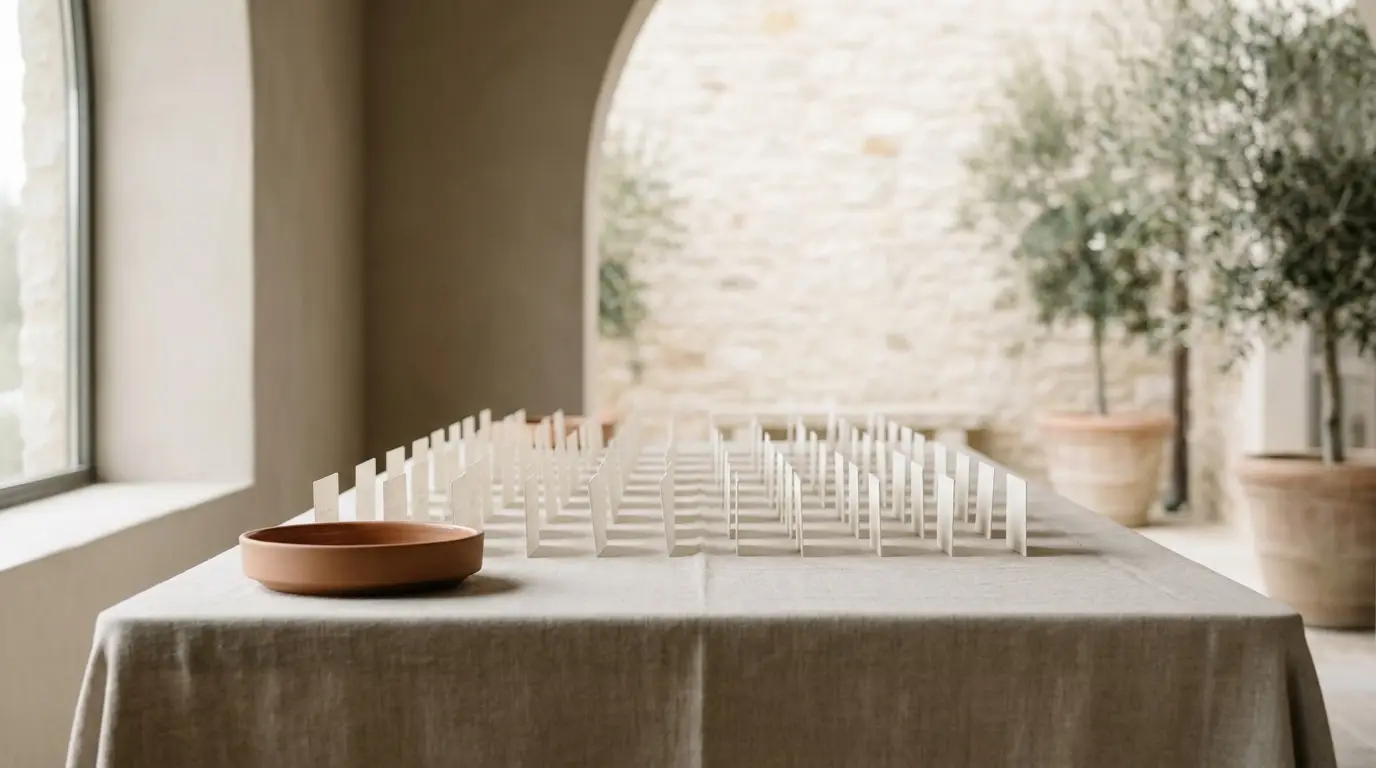 Rows of blank escort cards arranged in a grid on a linen-covered entrance table.