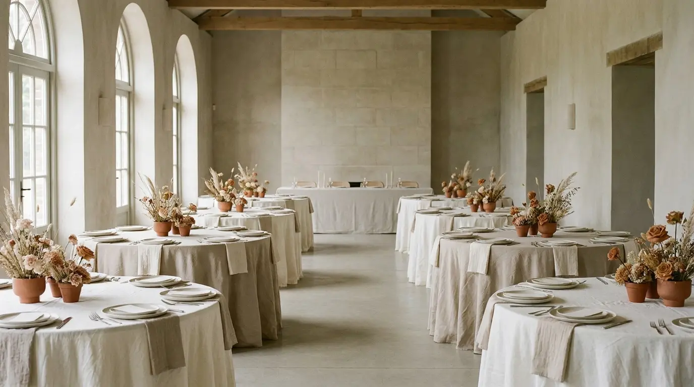 Reception room set with round dinner tables in ivory linen and terracotta floral centerpieces.