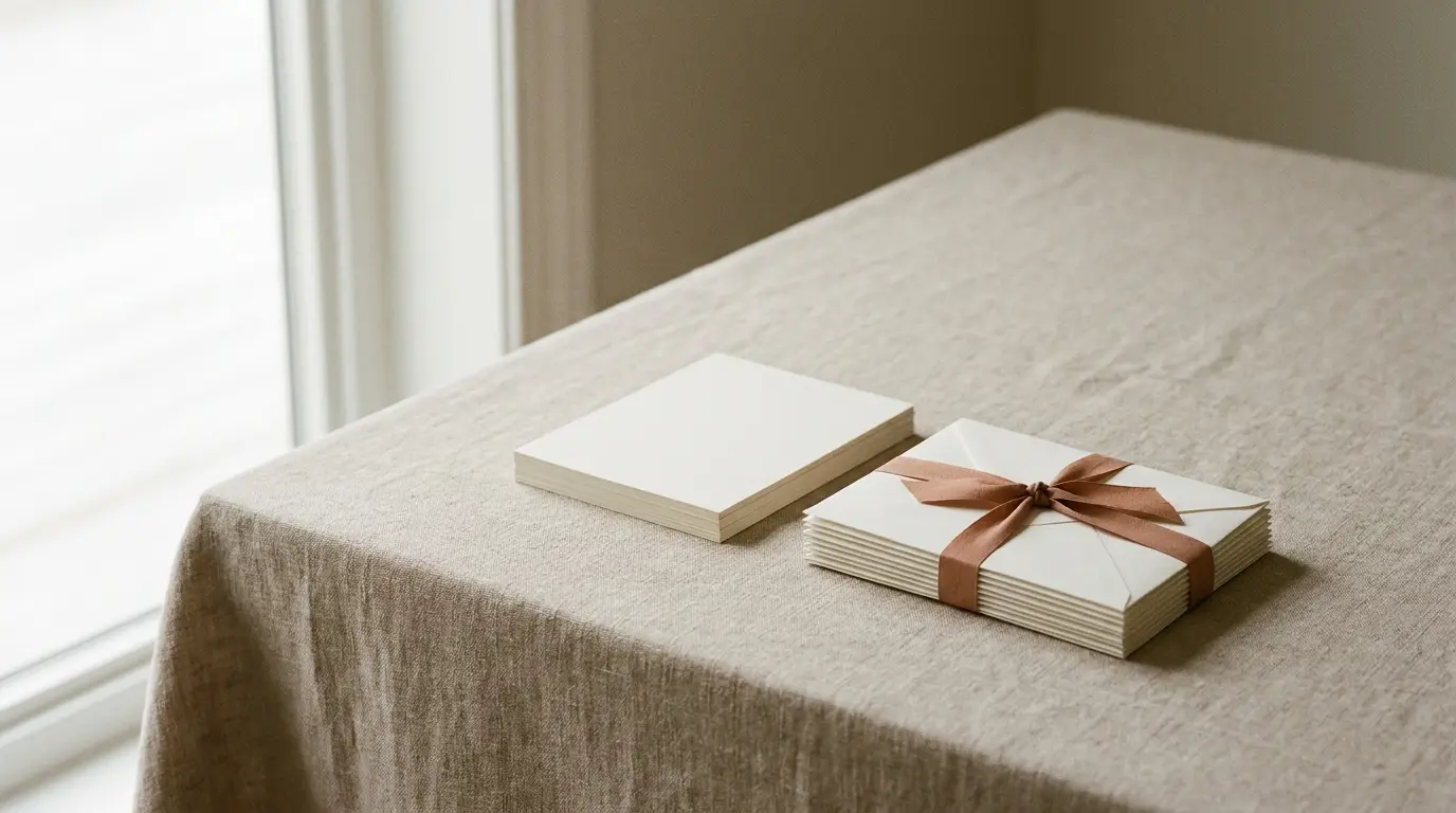 Blank save-the-date cards beside a bundle of envelopes tied with terracotta ribbon.