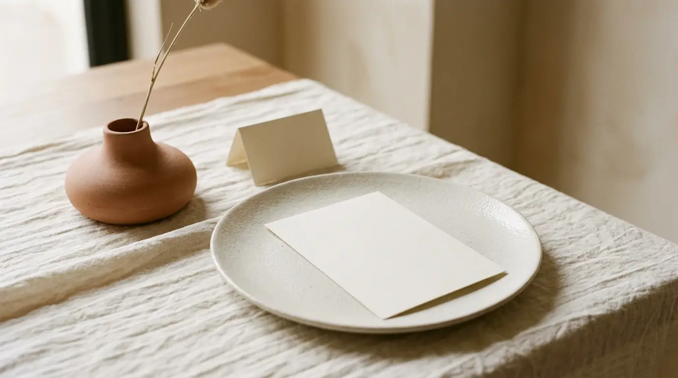 A set dinner place with a blank menu card on the plate and a blank place card above it.