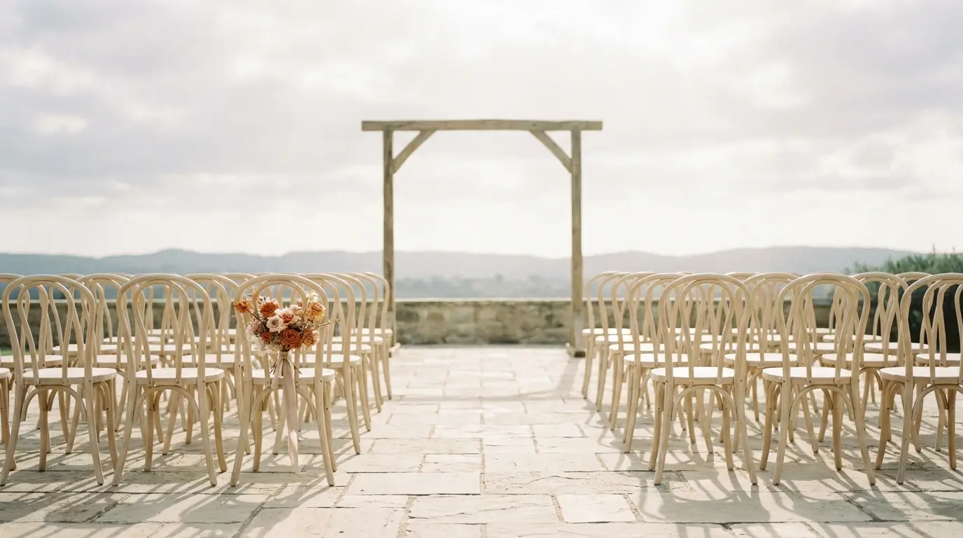Rows of empty ceremony chairs facing a bare wedding arch, one chair holding a terracotta posy.