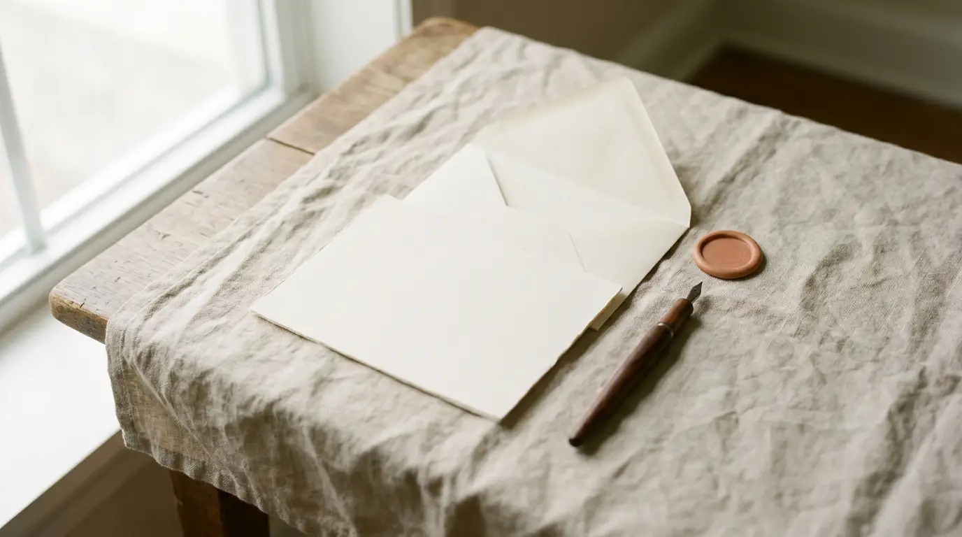 Blank contract pages, a fountain pen and a terracotta wax seal arranged on oat linen.