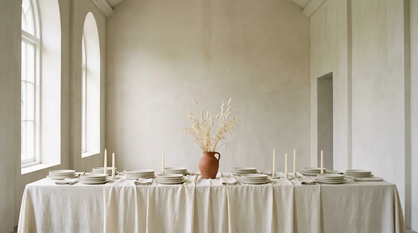 A fully set wedding banquet table with ivory linens and a terracotta vase in an empty architectural hall.