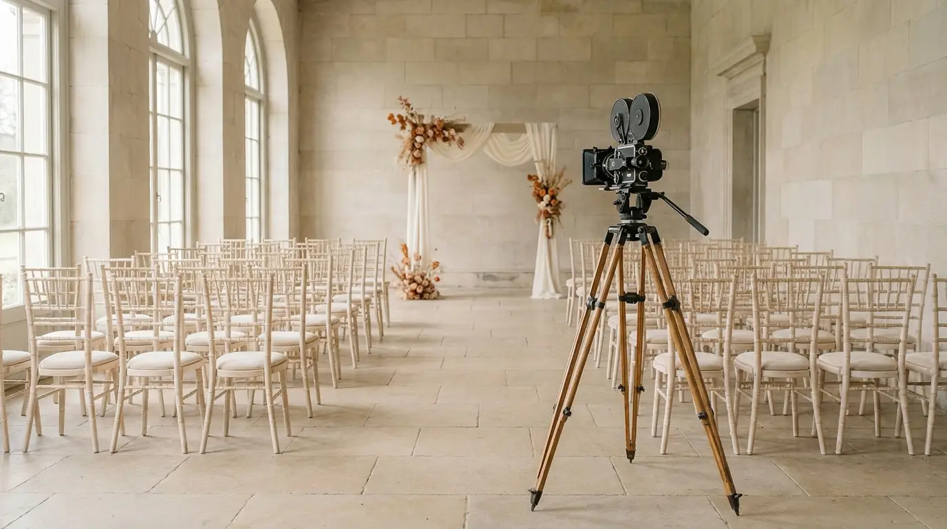 An empty wedding ceremony aisle with ivory chairs and an arch, filmed from a cinema camera on a tripod at the back.