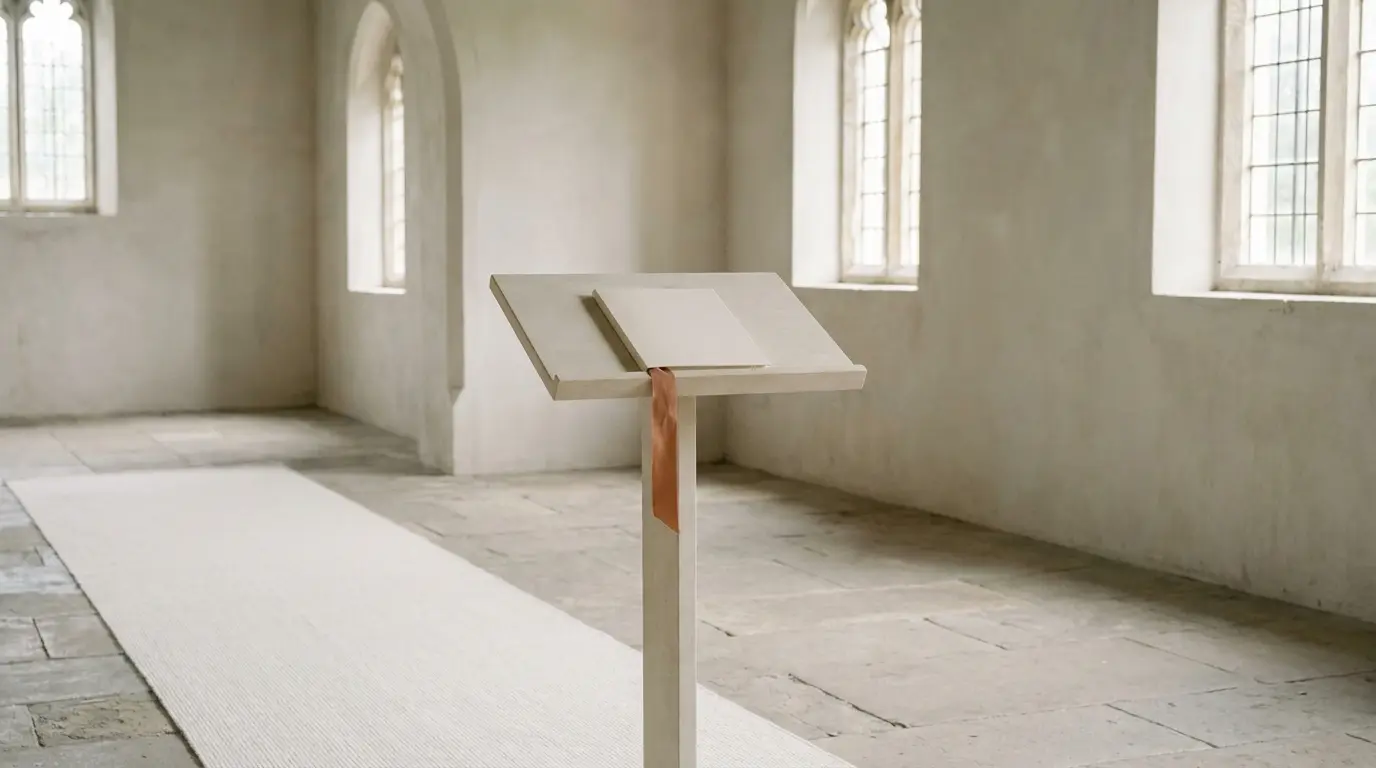 A pale lectern on an ivory aisle runner holding a closed folded card of vows with a terracotta ribbon.