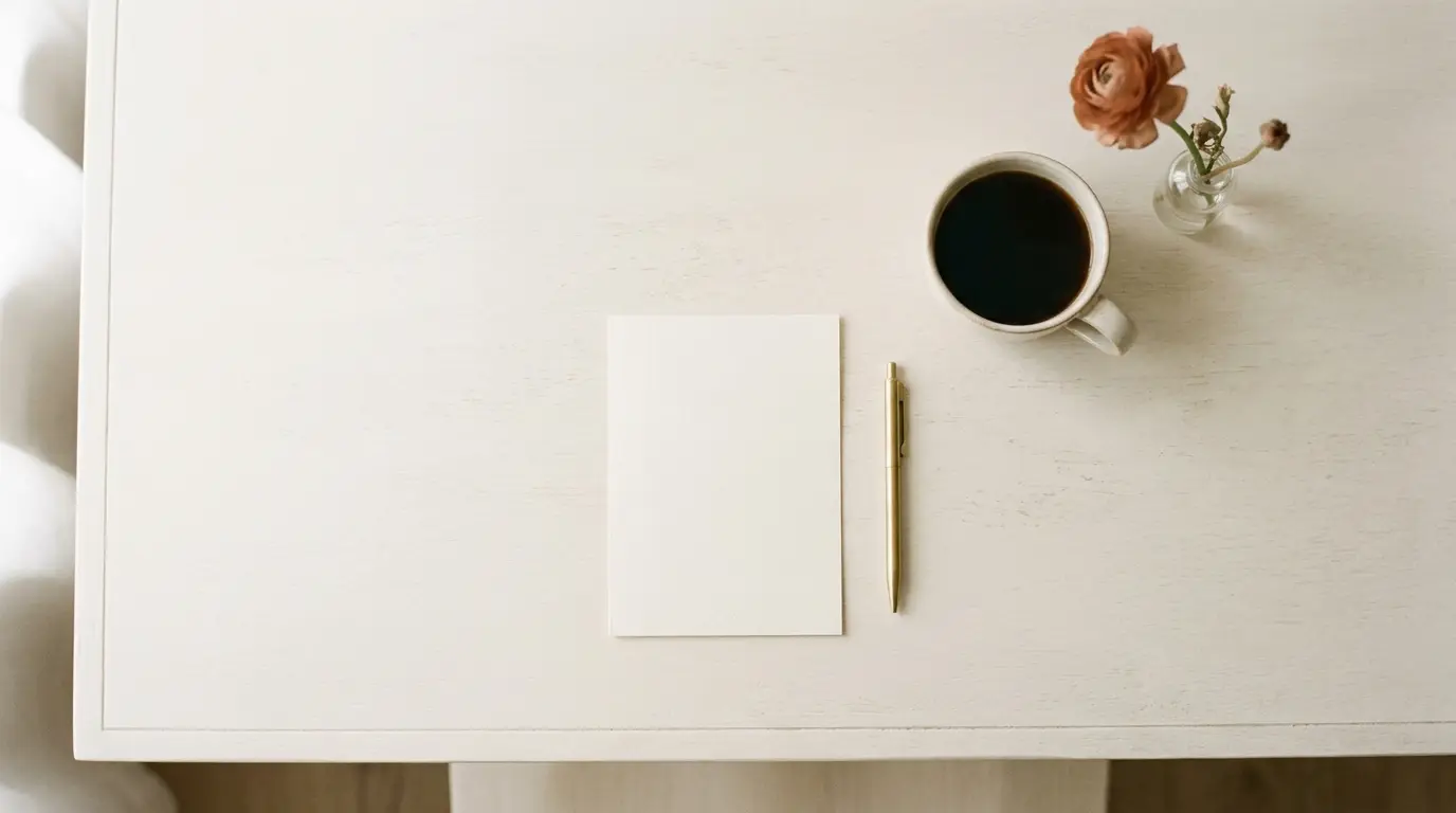 A blank vow card on a desk with a pen, coffee and a single stem.