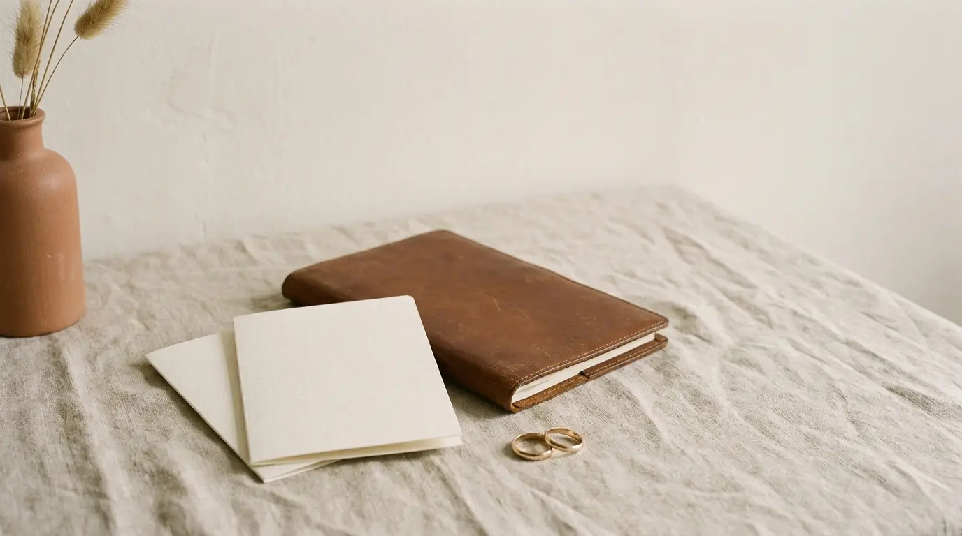 Vow cards stacked beside a closed folio and two wedding bands.