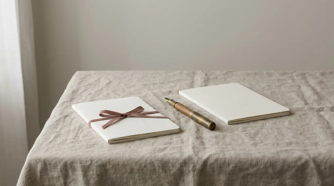 Two blank vow booklets and a fountain pen laid side by side on oat linen.