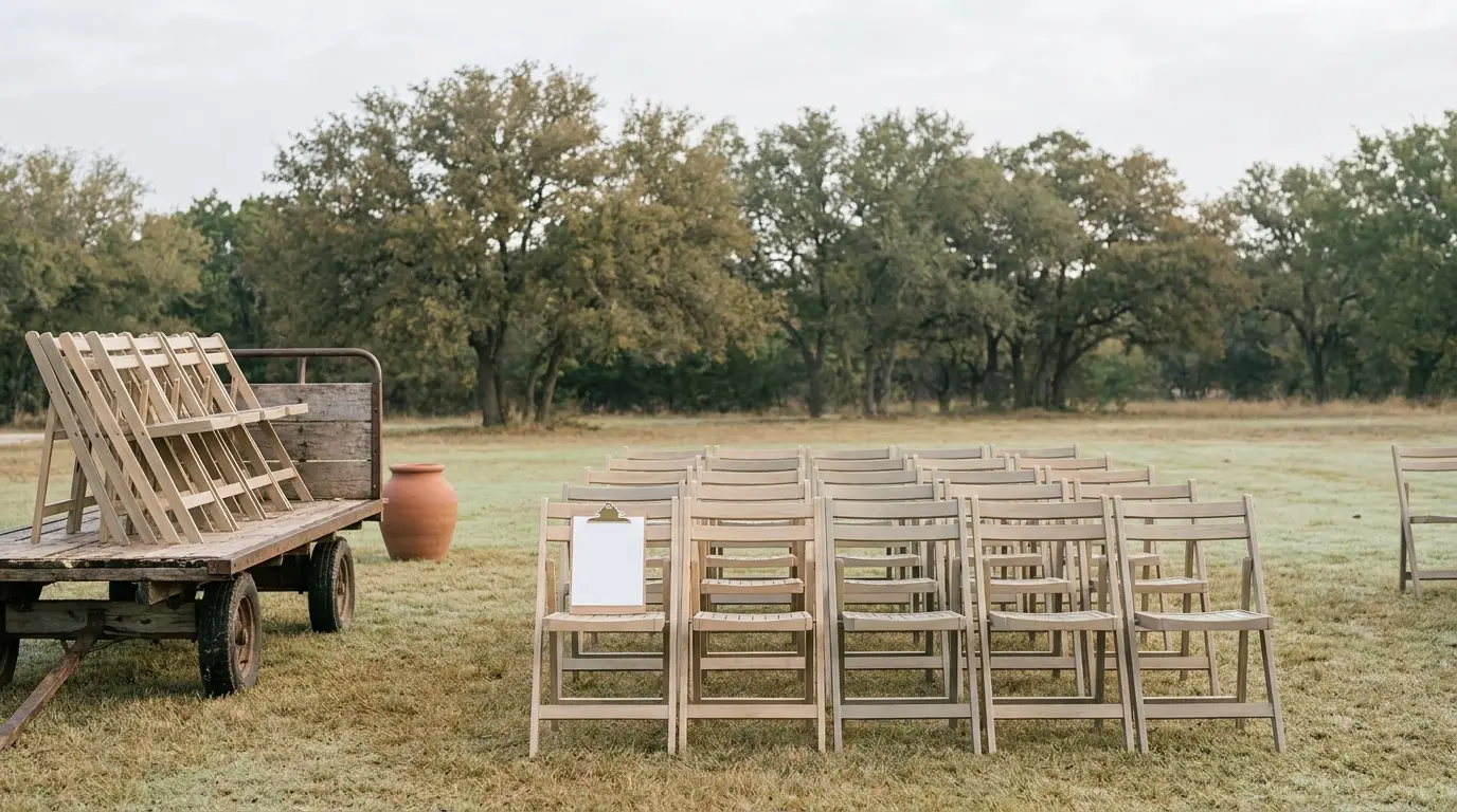 Rows of wooden ceremony chairs half set out on a lawn, the rest still stacked on a cart beside a clipboard.