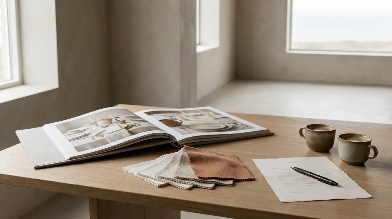 A consultation table with an open portfolio of table settings, fabric swatches, two coffees and an unsigned contract.