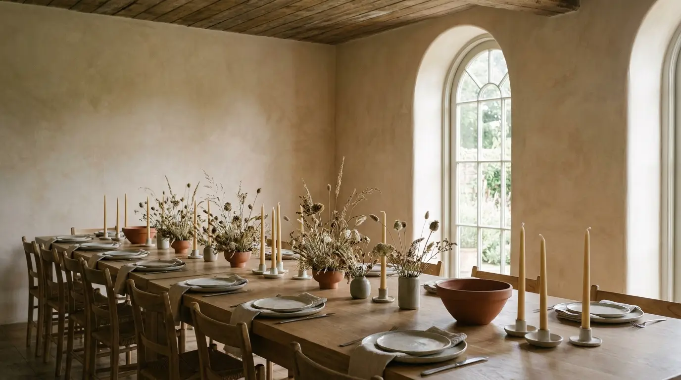 A single long dinner table laid for a small wedding in a warm private dining room.