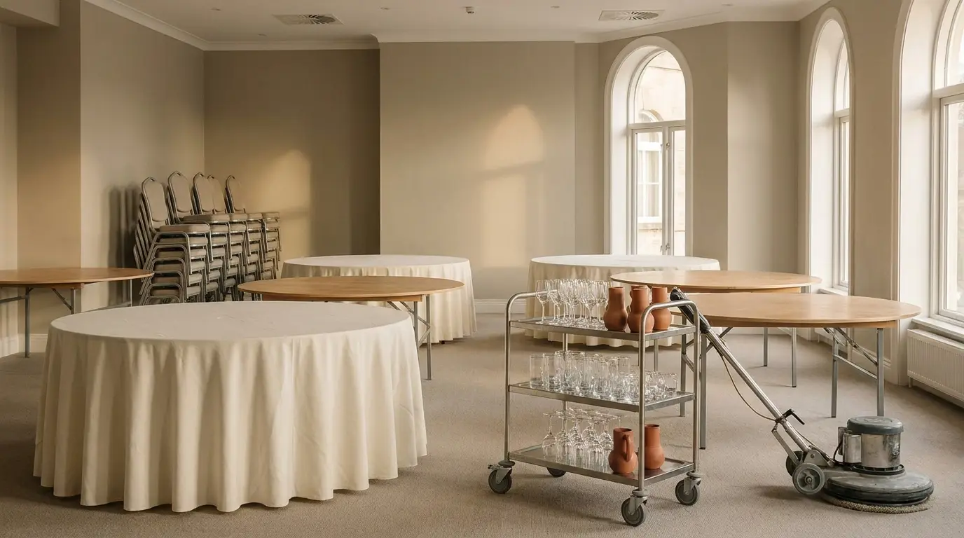A reception room in mid-setup: half-dressed tables, stacked chairs and a service trolley of glassware.