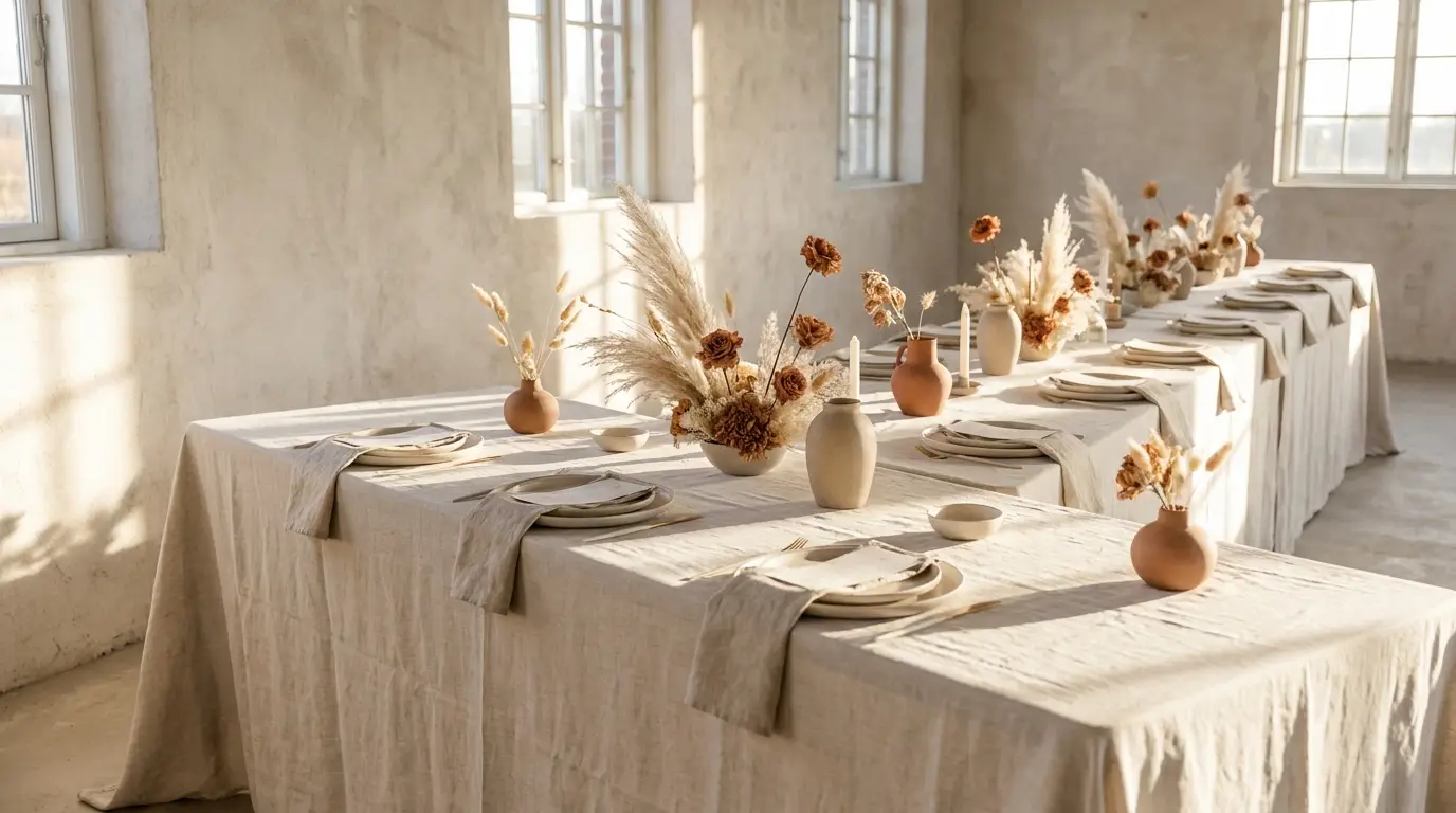 A long banquet table laid with pale linen, ceramic plates and low arrangements of dried grasses, lit by late afternoon sun.