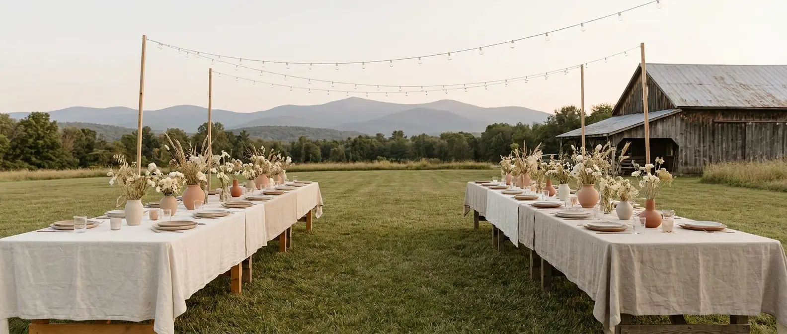 A welcome dinner laid on the lawn of a Hudson Valley farm at golden hour, long tables under string lights with the Catskill ridgeline behind.
