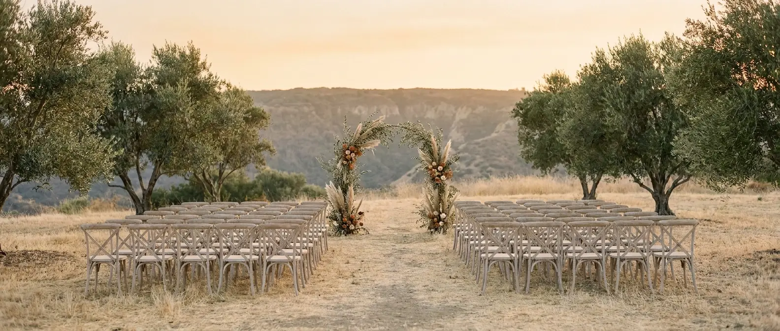 A ceremony set on a southern California hillside estate lawn at golden hour, pale chairs facing a floral arch beneath olive trees.