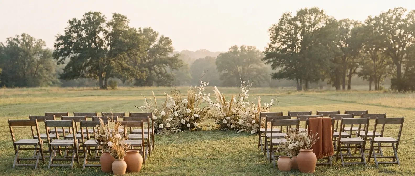 Open American countryside at golden hour, low hills receding in layers of haze toward a distant town on the horizon.