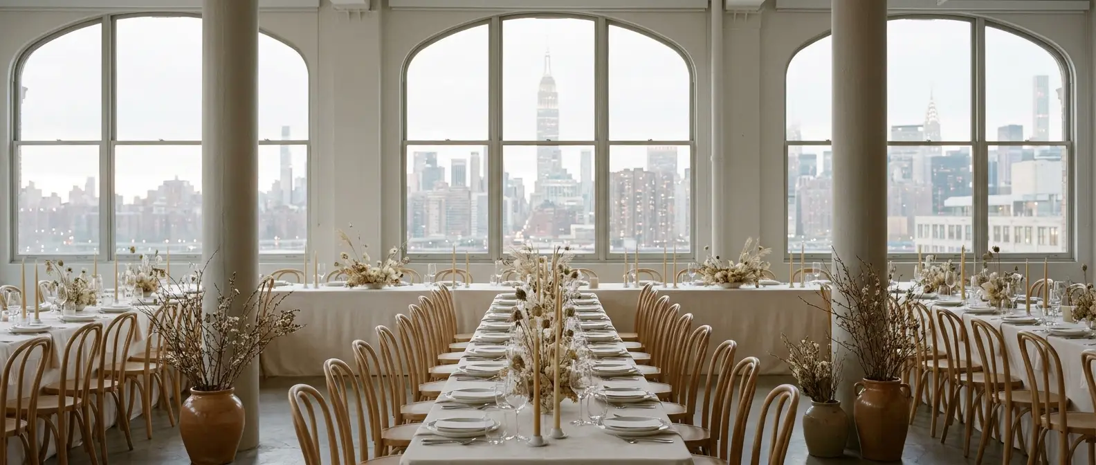 A wedding reception laid in a New York loft with arched factory windows and cast-iron columns, the Manhattan skyline beyond at dusk.