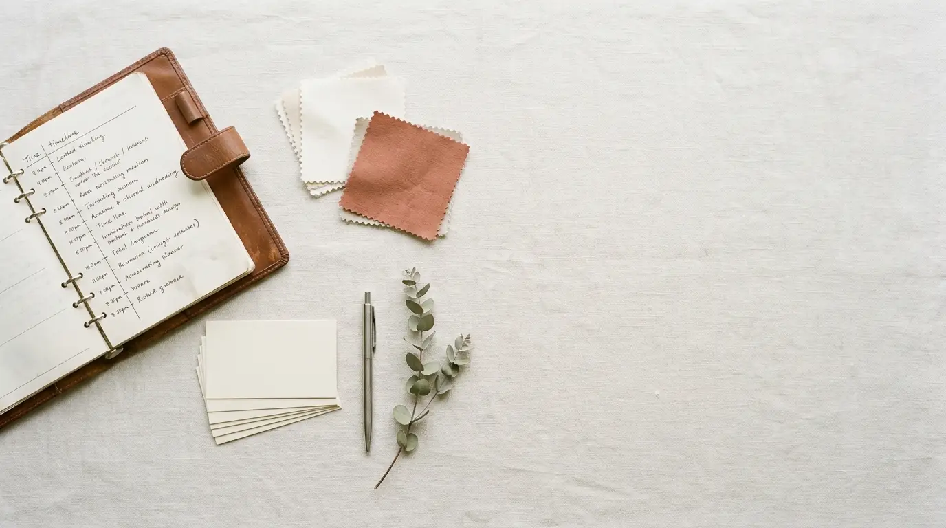 An overhead view of a planner's desk: an open timeline, fabric swatches in ivory and terracotta, and place cards.