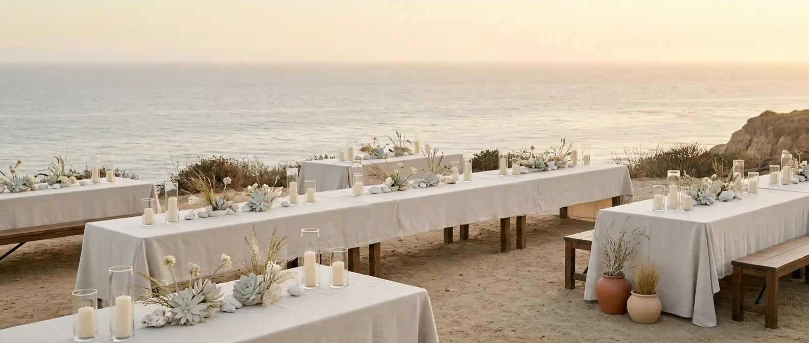 A reception laid on a southern California coastal bluff at sunset, long tables in pale linen with the Pacific beyond.