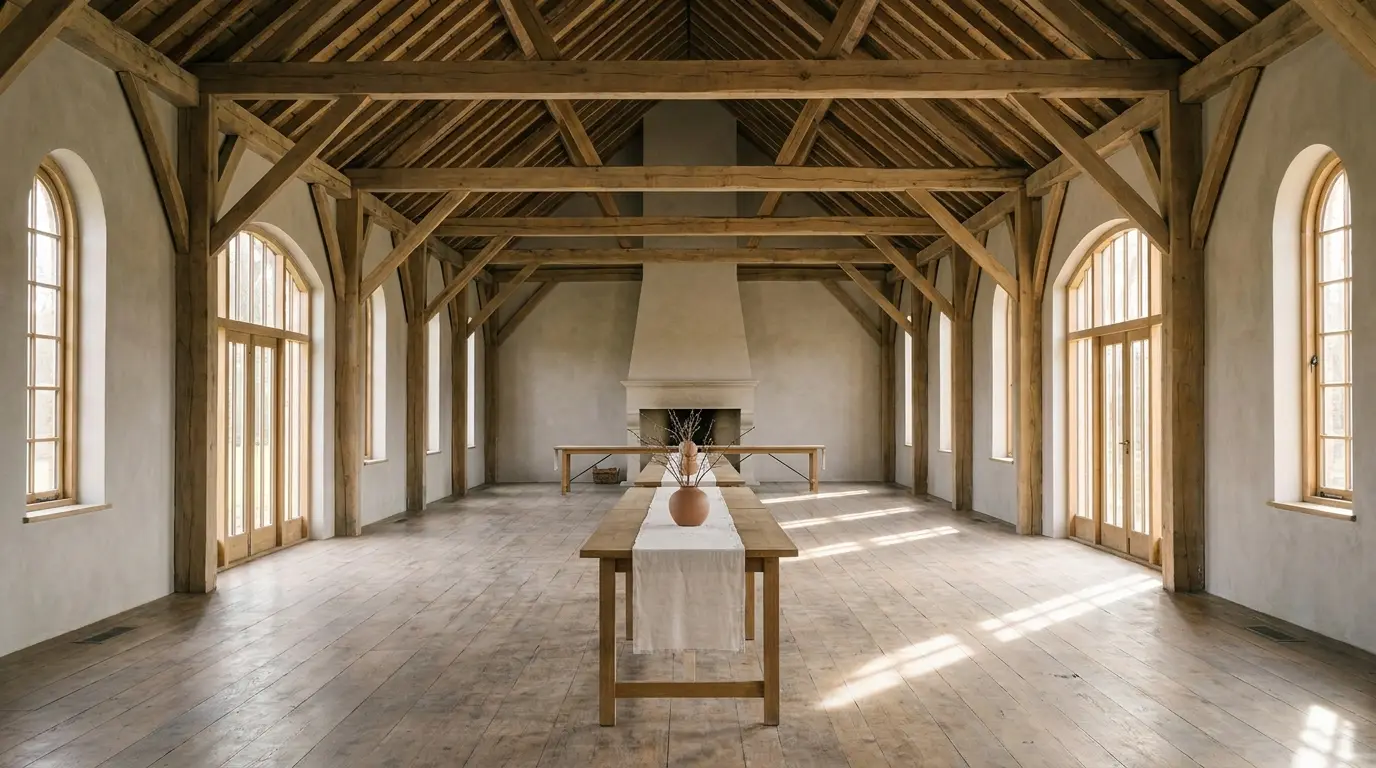 The interior of a restored timber-frame barn, exposed rafters and tall windows throwing light across a bare floor.